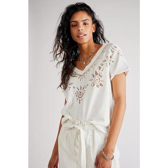 Free People Lyla Cotton Crochet Cut Out Tee Short Sleeve Boho Coastal Summer S - Picture 1 of 13